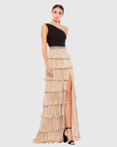 Black and Gold One-Shoulder Ruffle Tiered A-Line Gown